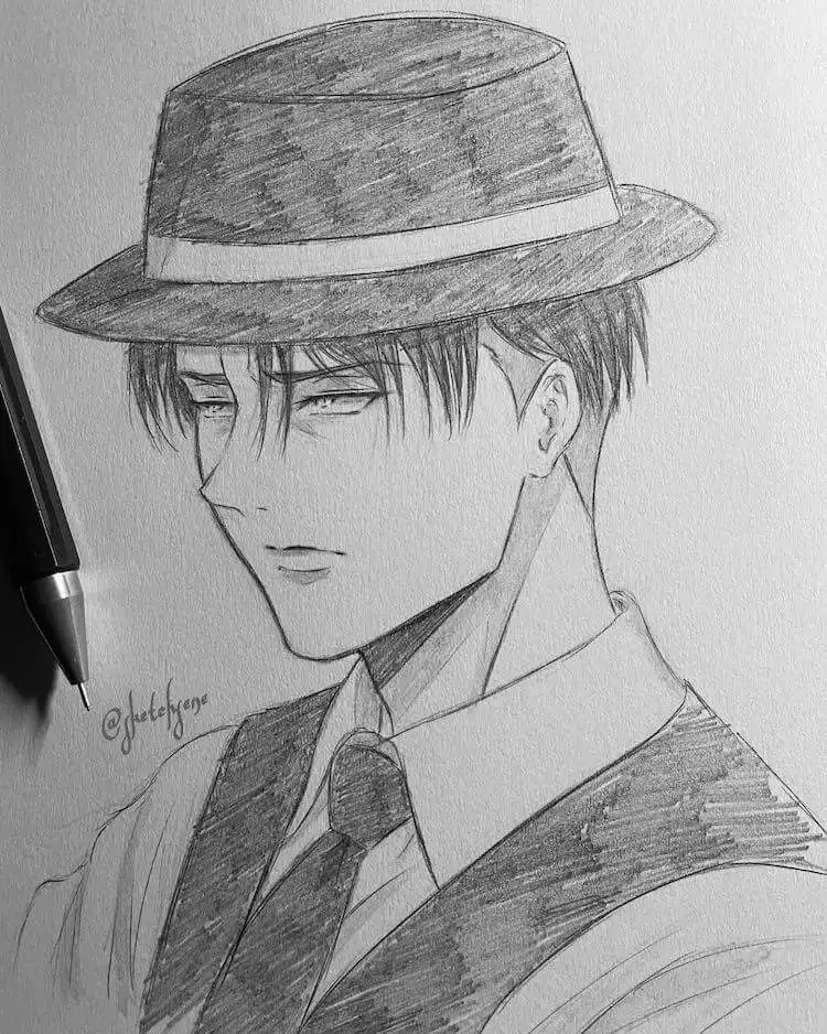 A drawing of Levi Ackerman wearing a hat, offering a different look and a challenge for drawing headwear on anime characters.
