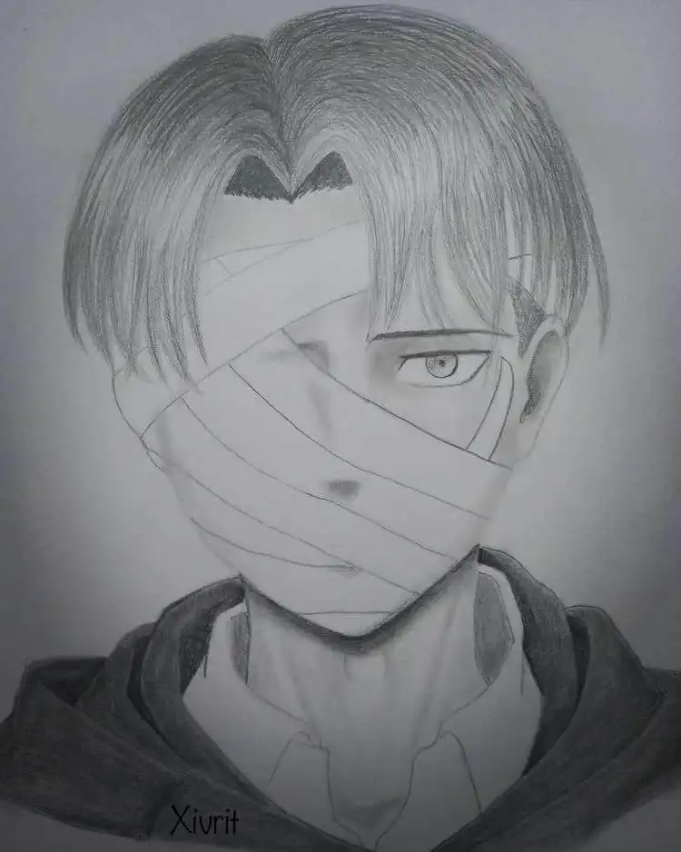 An inspiring fan art drawing of Levi Ackerman, ready for action in his Survey Corps uniform, as a reference for aspiring artists.