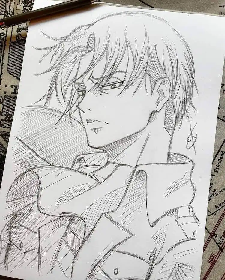 A basic sketch of Levi Ackerman, focusing on the foundational lines and shapes for a detailed character drawing from Attack on Titan.