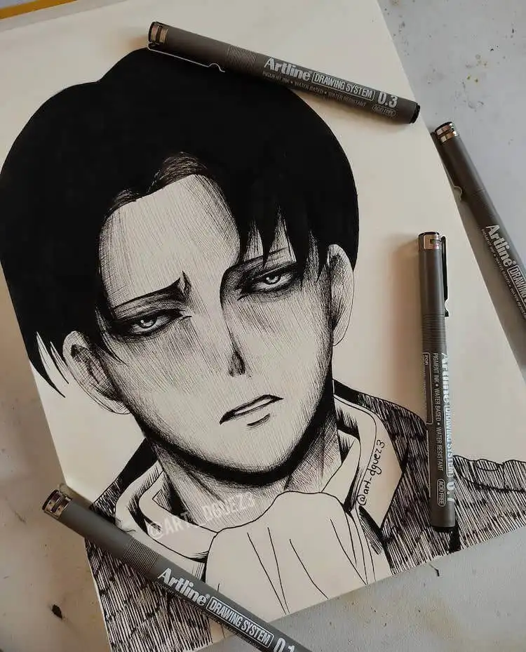 A clean line art drawing of Levi Ackerman, perfect for practicing precise outlines and character proportions in an anime style.