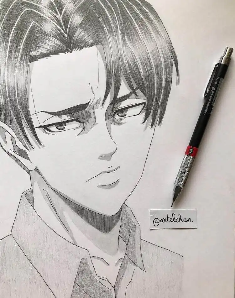 A detailed drawing of Levi Ackerman with expertly rendered hair, demonstrating how to achieve texture and volume in anime hairstyles.