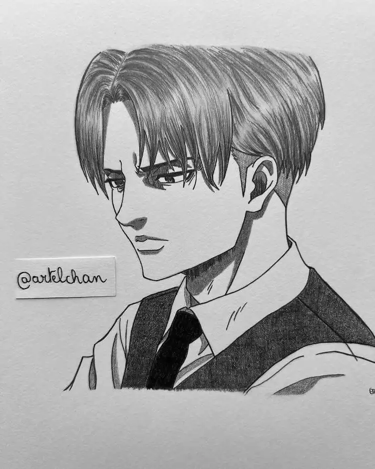 A profile drawing of Levi Ackerman, emphasizing his distinctive facial features and intense expression from a side view.