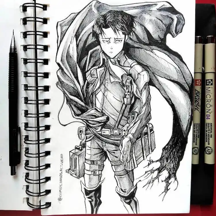 A detailed drawing of Levi Ackerman featuring his iconic cape and vertical maneuvering equipment, illustrating complex gear.