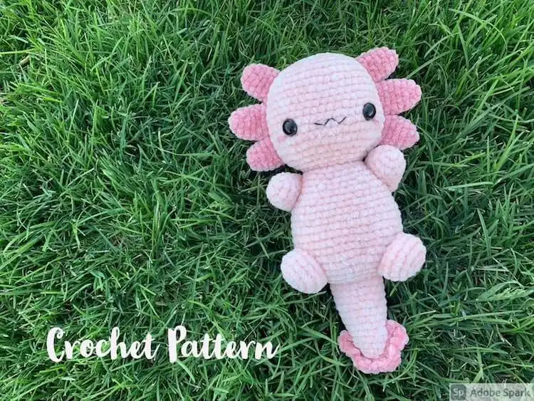 Soft pink velvet crocheted Axolotl plushie with gills