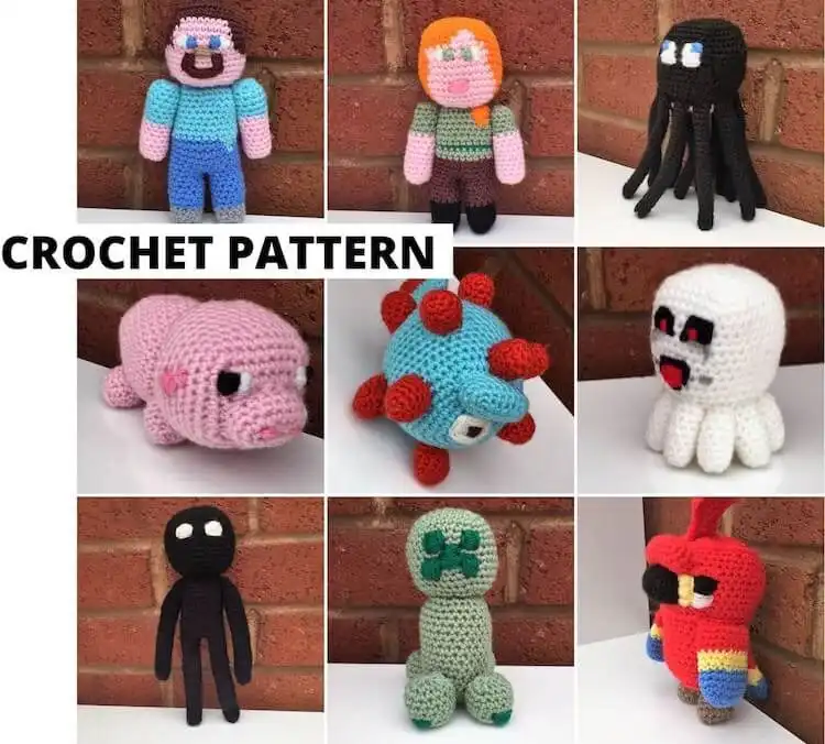 Collection of nine different crocheted Minecraft character dolls, including Steve, Creeper, Zombie