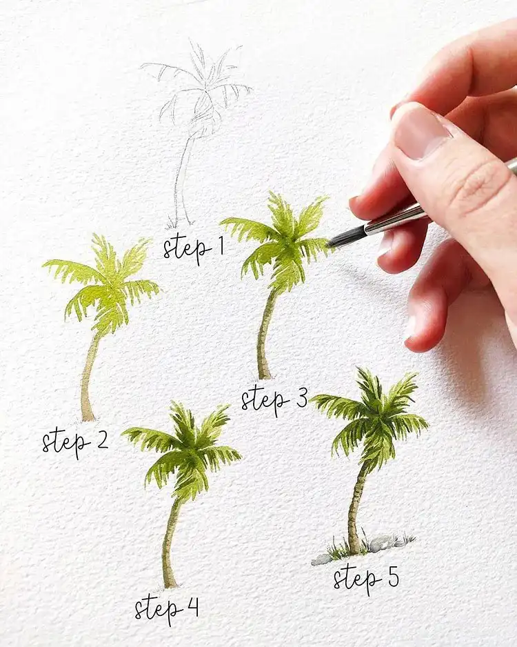 Step-by-step watercolor tutorial showing how to paint a simple yet detailed tree, illustrating stages from trunk to foliage.