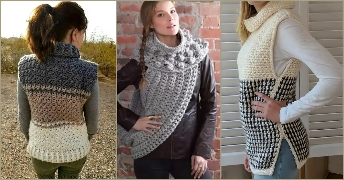 Collection of various crocheted cowl vests in different styles and colors, showcasing the versatility of Cowl Vest Free Crochet Patterns.