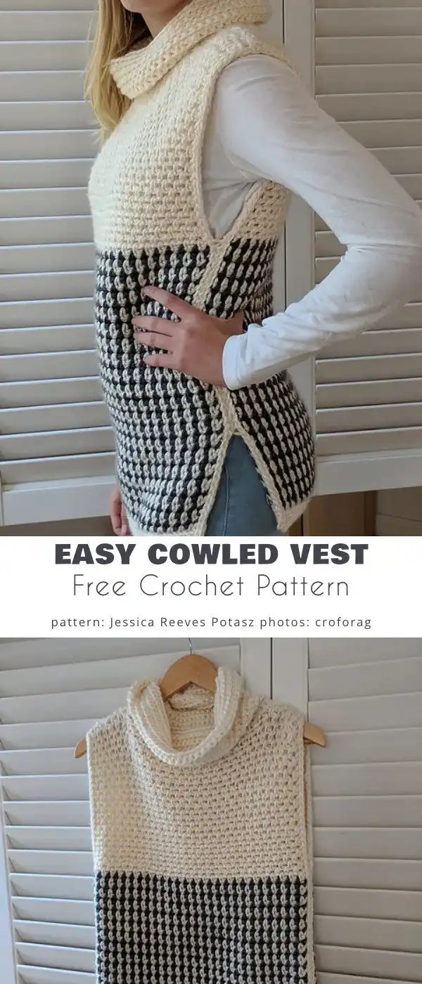 Elegant Easy Cowled Sweater Vest in contrasting yarn colors, ideal for layering.