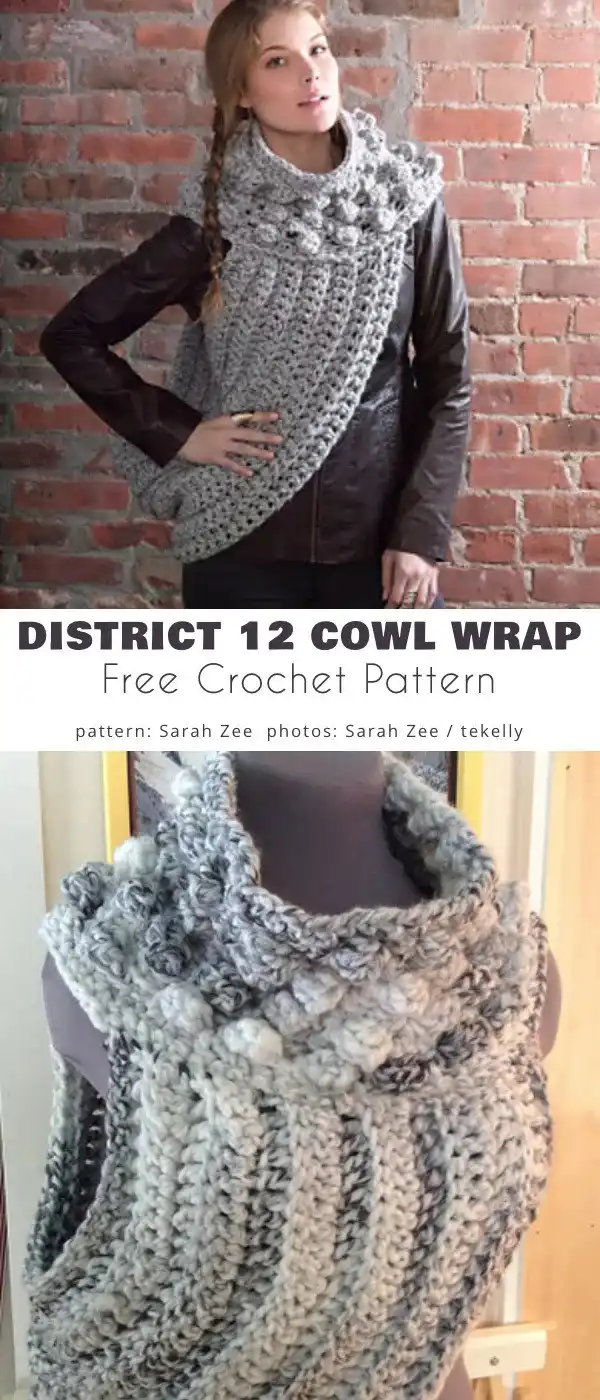 Unique District 12 Cowl Wrap, a blend of a cowl, vest, and shawl, featuring intricate texture.