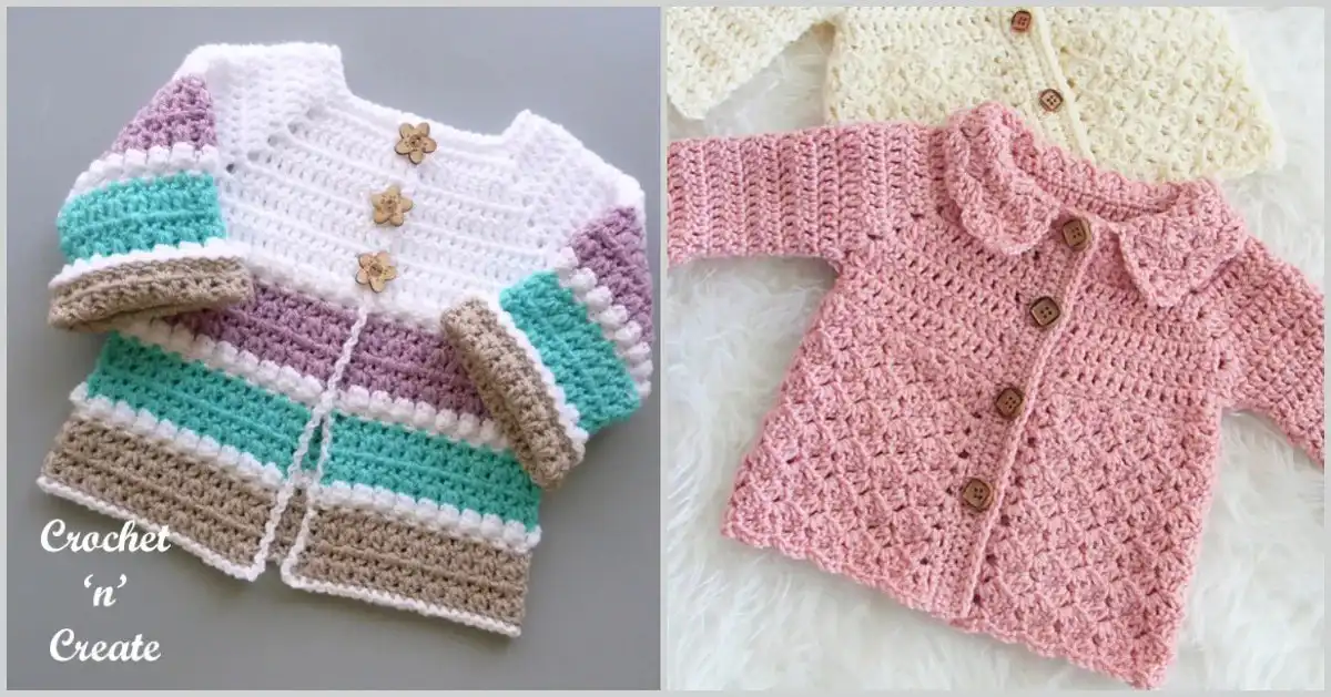 A collection of cozy and warm crocheted baby and toddler cardigans in various styles and colors, ideal for winter wear.