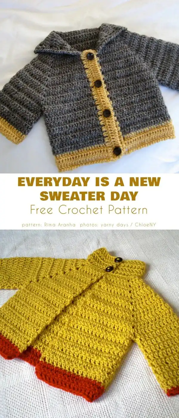 A gray and yellow striped crocheted baby cardigan displayed alongside a plain yellow one, both soft and warm for toddlers.