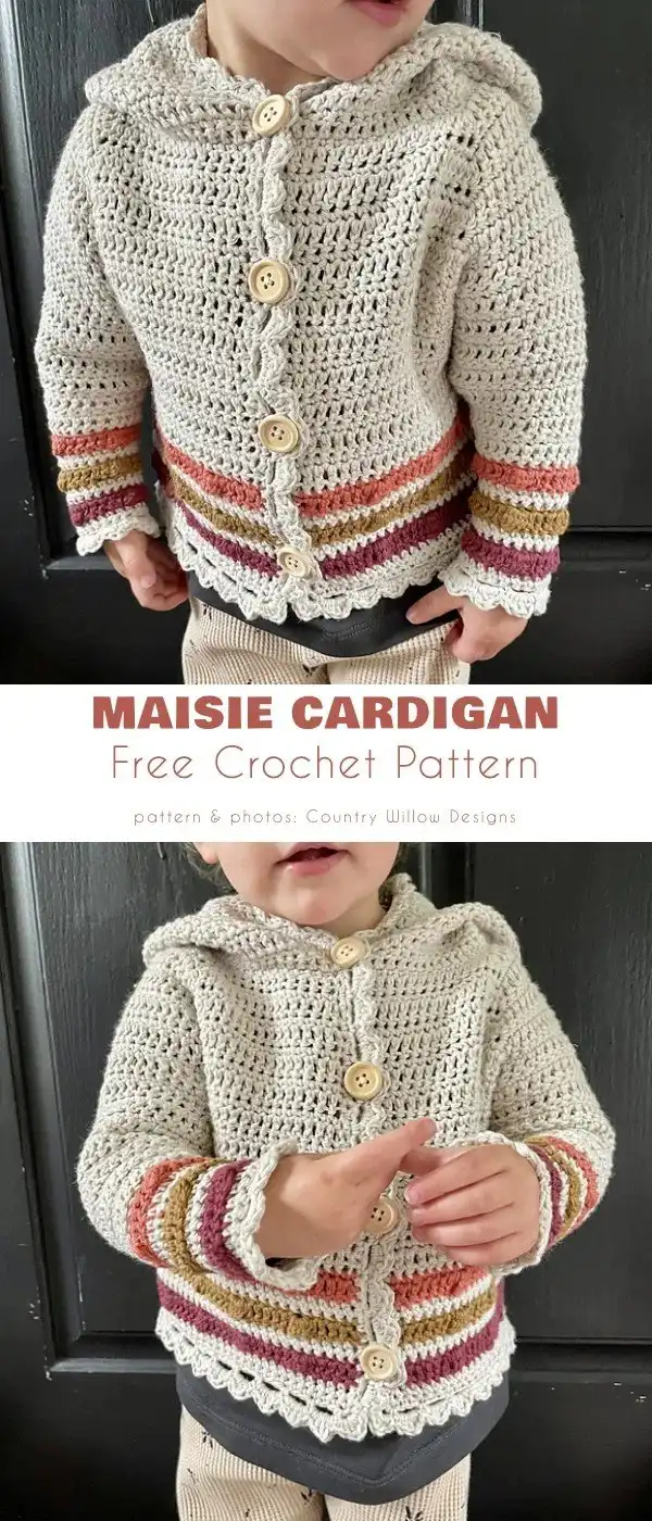 A child models a striped crocheted Maisie Hooded Cardigan with wooden buttons and a decorative frilly edge.