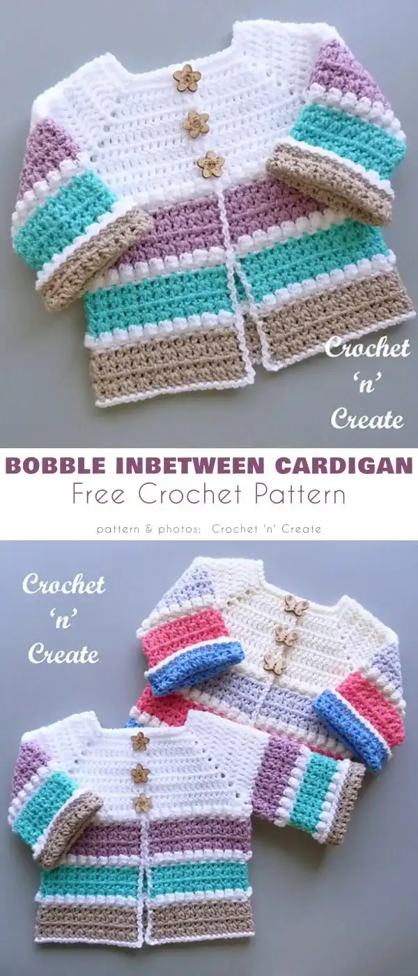A beautifully textured Bobble Inbetween Cardigan in a soft pastel yarn, showcasing the unique bobble stitch design.