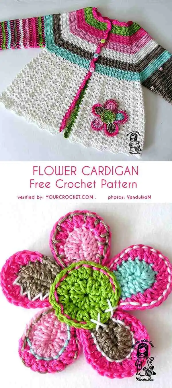A vibrant Flower Cardigan for a little girl, featuring colorful crocheted flowers on a contrasting background, full of charm.