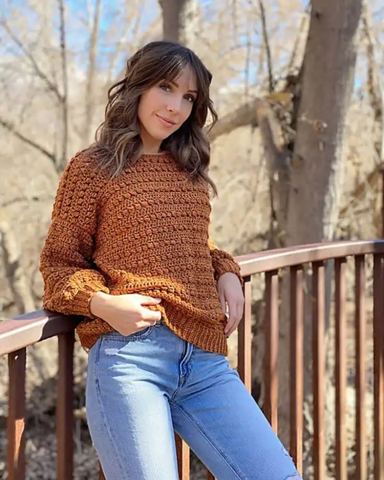 Creative Crochet Sweater Patterns - Vintage Brands Design and Birds Design 14 Comfy Stony Shore Pullover with an oversized, relaxed fit, perfect for pairing with jeans in autumn.