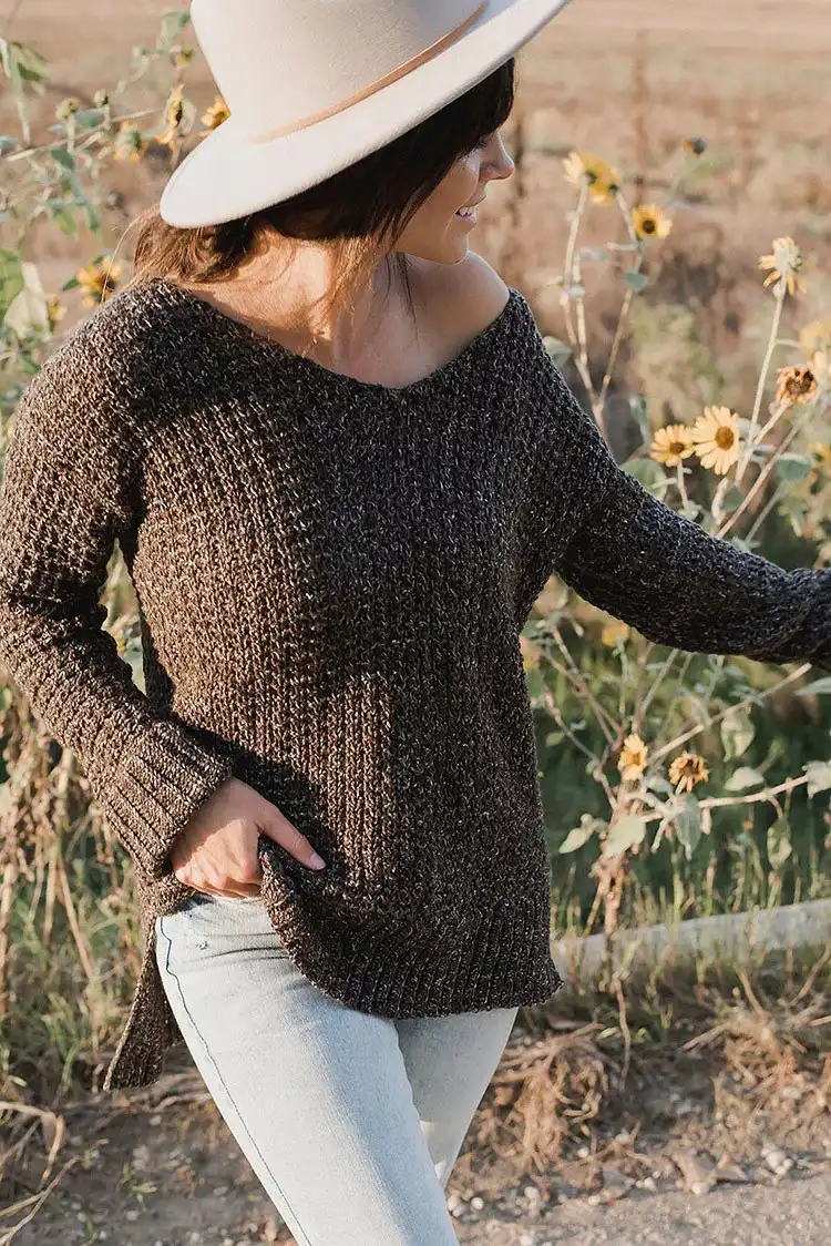 Creative Crochet Sweater Patterns - Vintage Brands Design and Birds Design 16 Cozy Home Girl Sweater by Meg Made with Love, featuring a flattering V-neck and longer back hem.