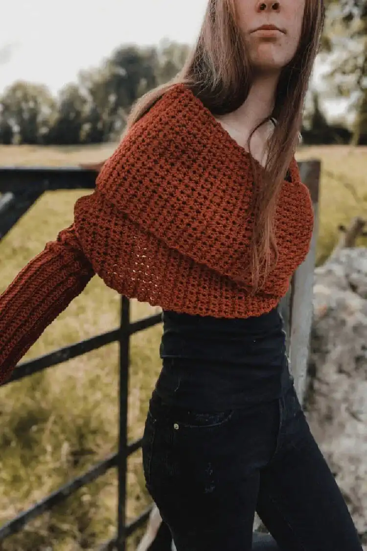 Creative Crochet Sweater Patterns - Vintage Brands Design and Birds Design 3 Versatile Sweater Wrap crocheted in a cozy autumn hue, shown styled as both a wrap and a sweater.