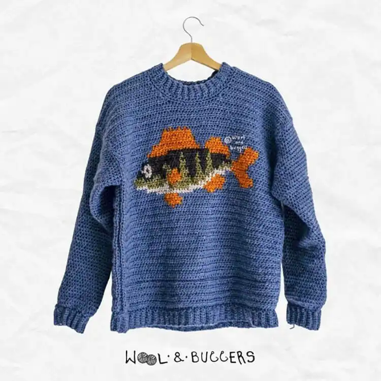 Creative Crochet Sweater Patterns - Vintage Brands Design and Birds Design 22 Playful Fishy Aleks Sweater with a fun fish design, perfect for making a whimsical style statement.