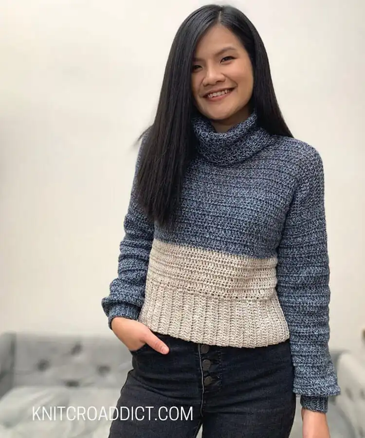 Creative Crochet Sweater Patterns - Vintage Brands Design and Birds Design 4 Sleek, monochromatic crochet Turtleneck sweater, a perfect beginner-friendly project for modern style.