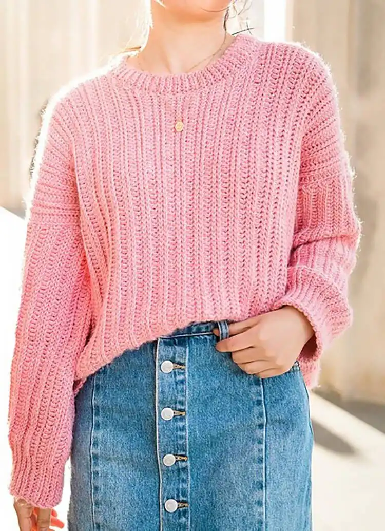 Creative Crochet Sweater Patterns - Vintage Brands Design and Birds Design 7 Minimalist Amalfi Ribbed Sweater with an oversized fit, ideal for casual days and cozy comfort.