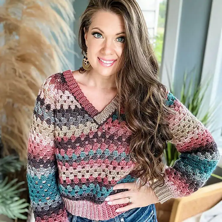 Creative Crochet Sweater Patterns - Vintage Brands Design and Birds Design 8 Stylish Granny Pop V-Neck Sweater featuring modern granny stitch elements and a flattering V-neckline.