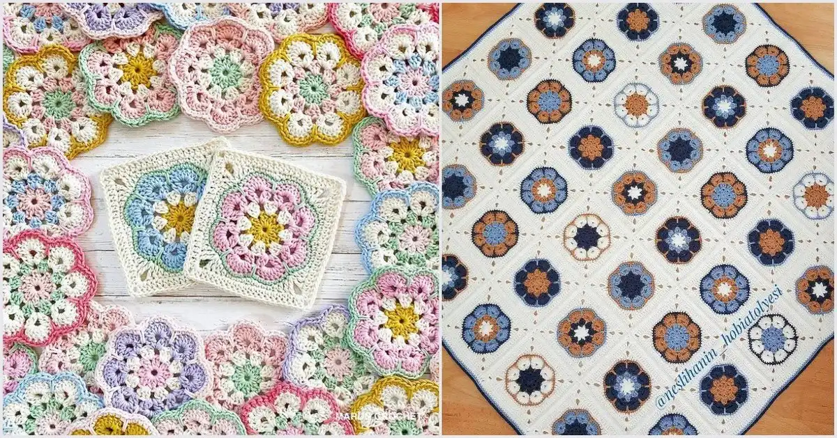 A vibrant collage of various crochet African flower granny squares and project examples, showcasing different color schemes and uses, prominently featuring a Crochet African Flower Granny Square Tutorial, Color Variation Examples, African Flower Project Ideas and Free Patterns.