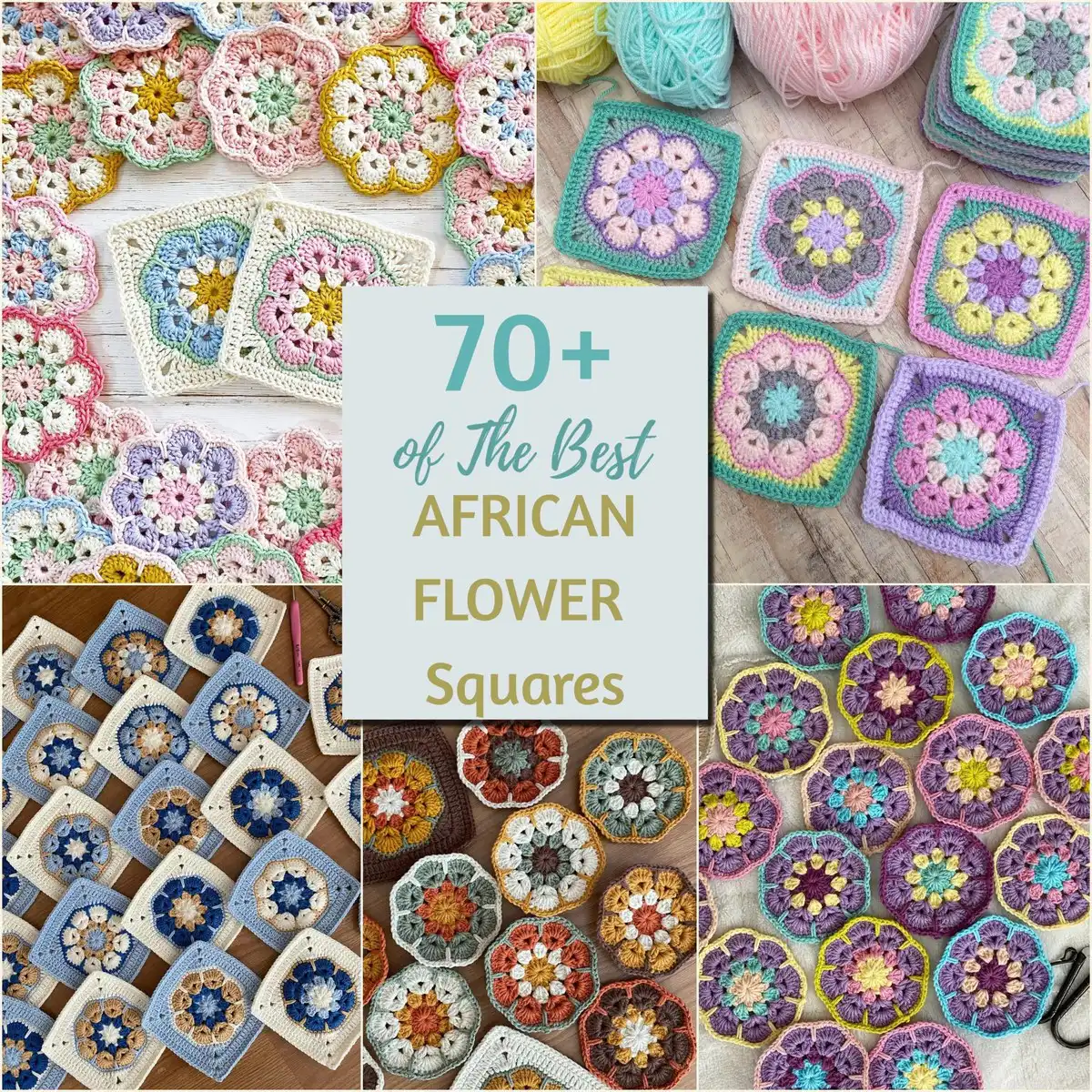 Multiple crocheted African flower motifs in different colors, demonstrating variety, placed with a crochet hook and yarn balls, highlighting the Crochet African Flower Granny Square Tutorial, Color Variation Examples, African Flower Project Ideas and Free Patterns.