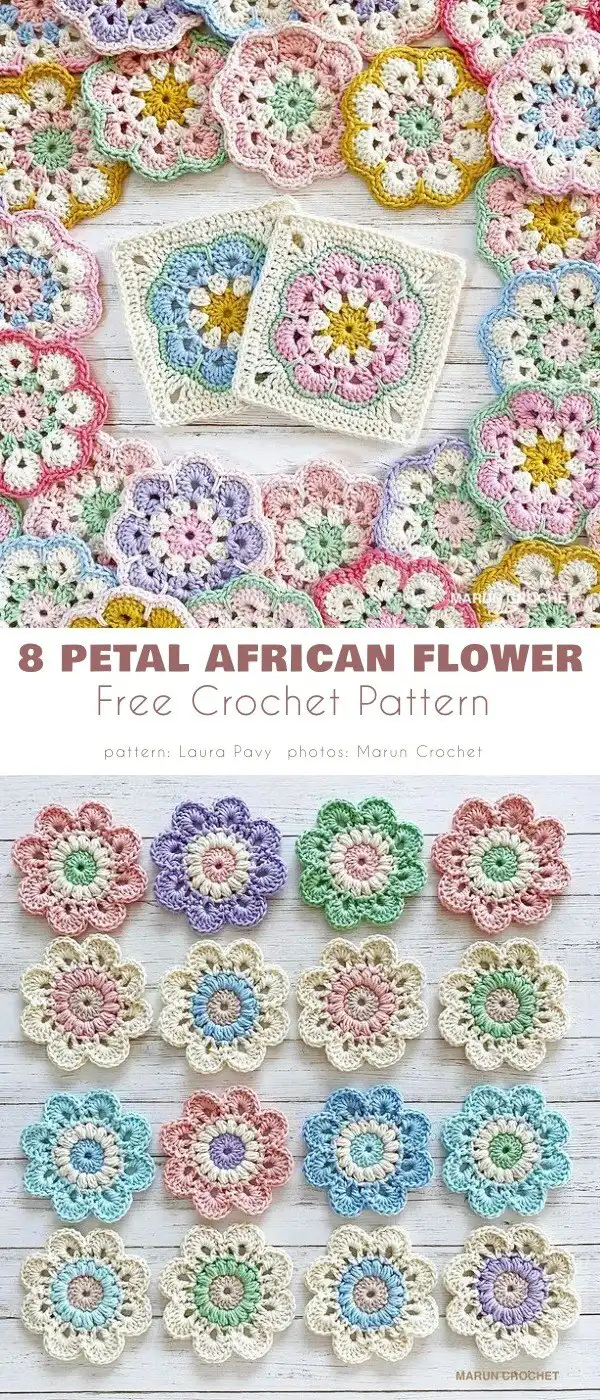 A collage of African Flower Square Blankets featuring distinct color palettes for Spring, Summer, Fall, and Winter, demonstrating seasonal variations and inspiring Crochet African Flower Project Ideas.