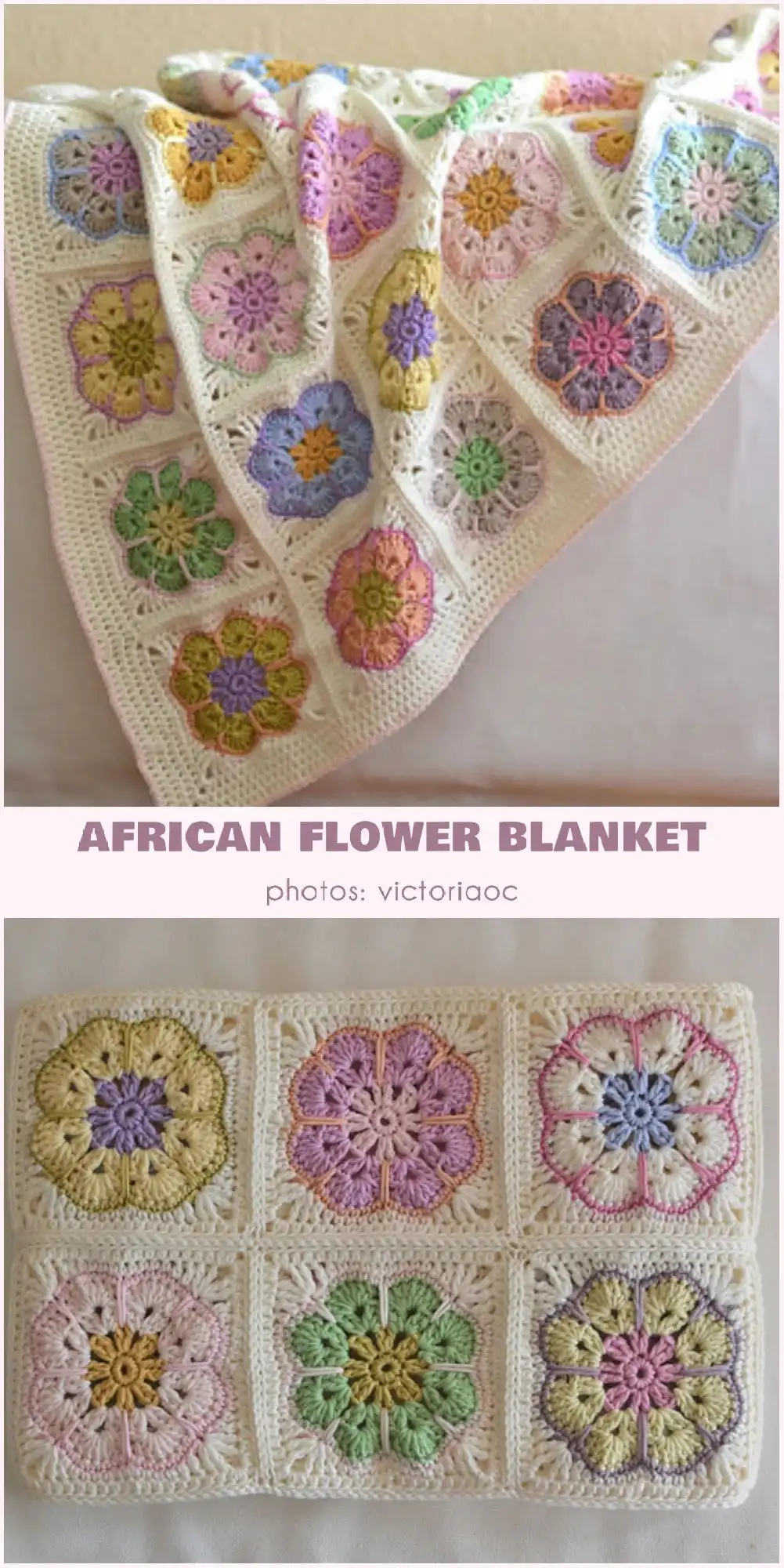 A delicate 8 Petal African Flower Square by Marun Crochet, featuring pastel colors and a white background, perfect for spring-themed Crochet African Flower Project Ideas.