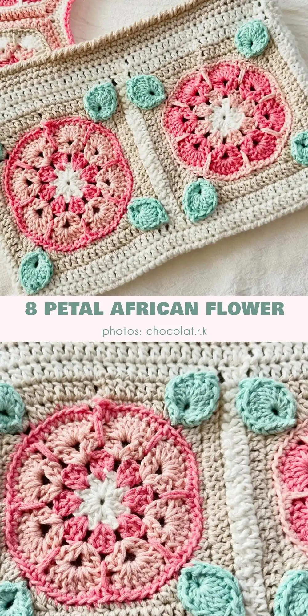 A crocheted blanket made of vibrant African flower motifs in pink, yellow, white, and grey yarn, arranged in a classic grid pattern, an example of a summer African Flower Granny Square Blanket by Holly Pips.