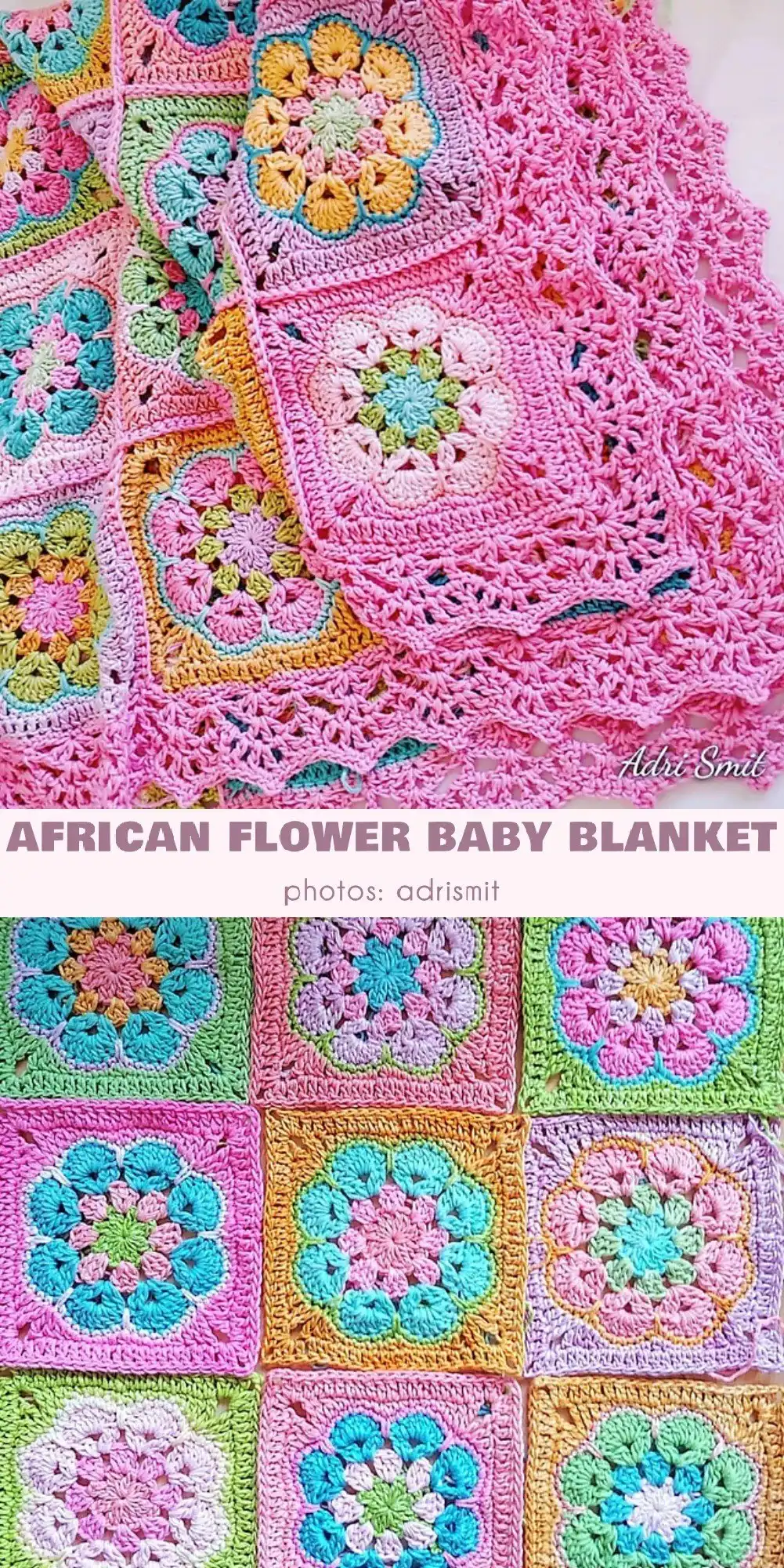 Close-up of crochet African flower granny squares, featuring pink and green 8-petal floral designs with added leaves, labeled '8 Petal African Flower,' showcasing a unique summer color variation.