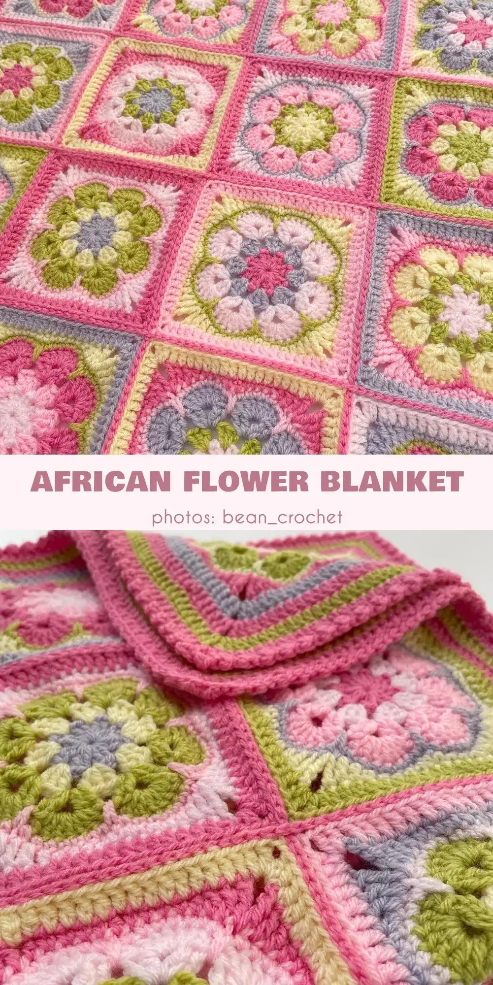 A colorful crocheted baby blanket made of joined African flower granny squares with charming flower patterns in pink, green, yellow, and blue, labeled 'AFRICAN FLOWER BABY BLANKET,' an ideal summer project idea.