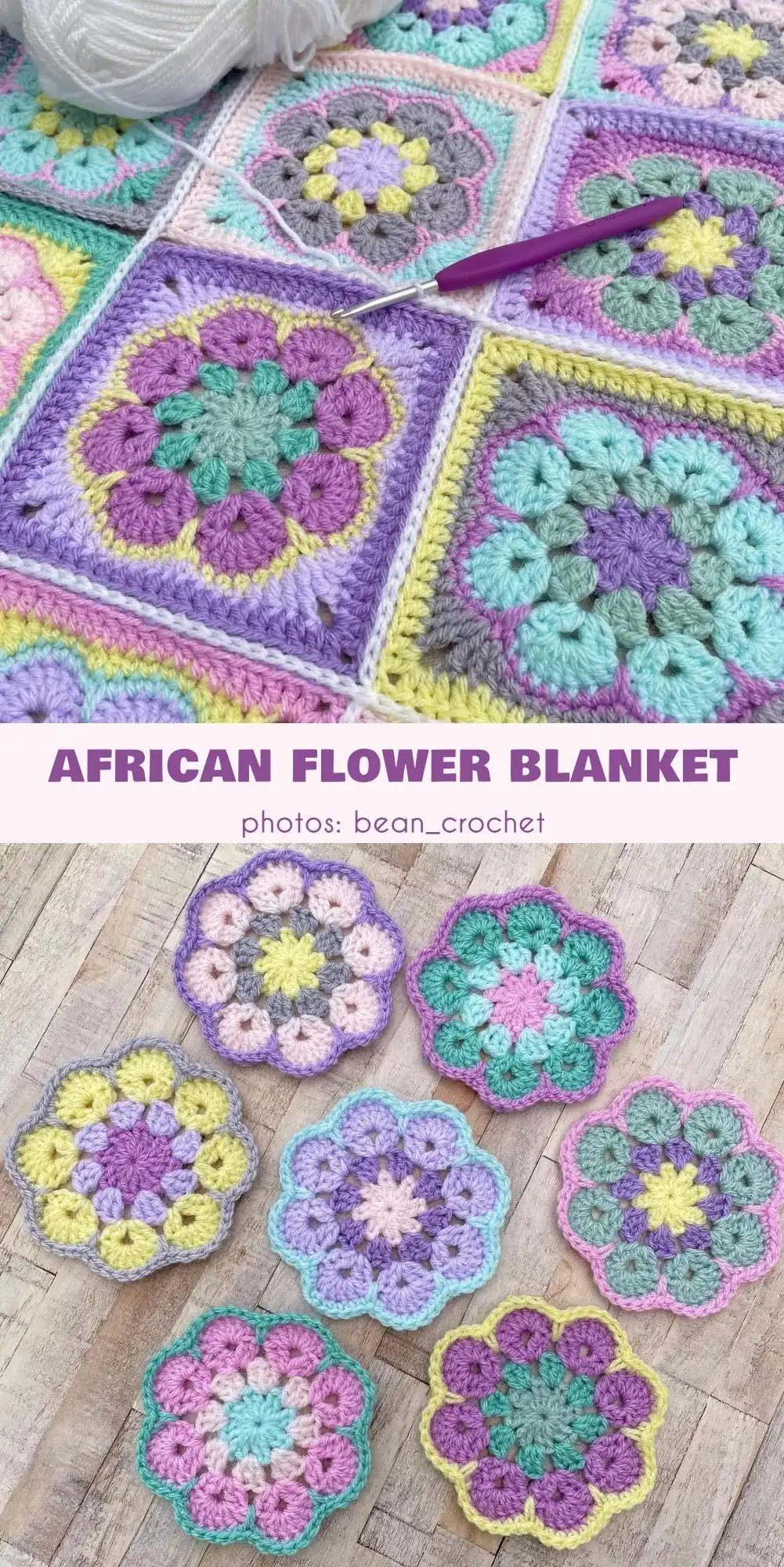 A colorful crochet blanket made of African flower motifs in shades of pink, green, yellow, and gray, shown folded and laid flat, illustrating one of Bean Crochet's African Flower Project Ideas.