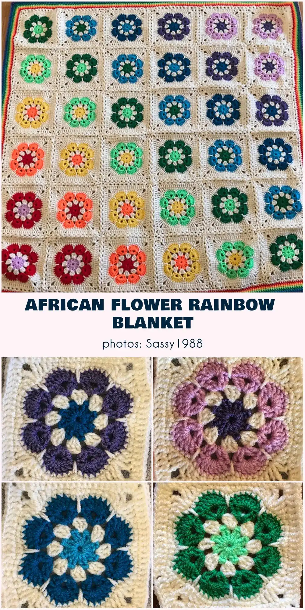 A richly colored crocheted African flower blanket and vibrant African flower granny square motifs displayed with a crochet hook and yarn on a wooden surface, showcasing another Bean Crochet design in violet tones.
