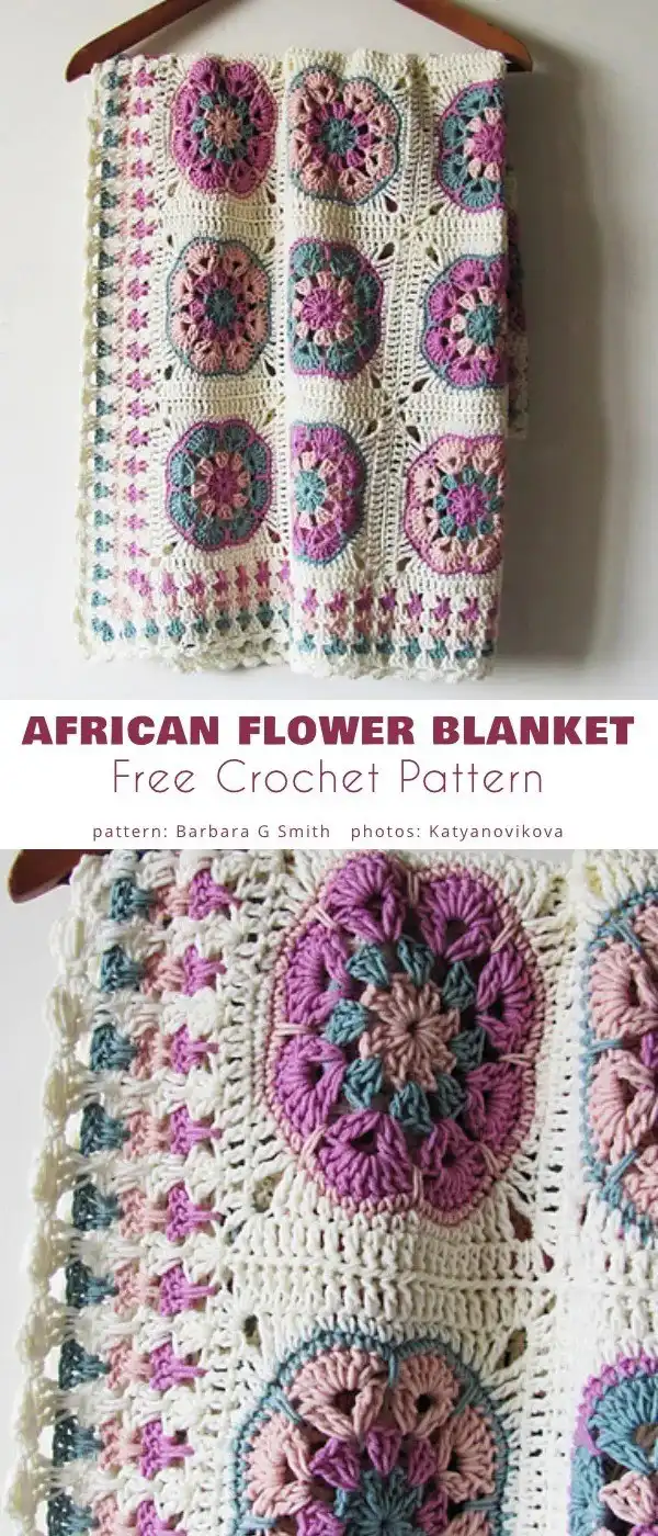 A crocheted blanket featuring a grid of colorful crochet African flower motifs bordered in cream yarn, displayed flat; close-ups highlight the detail of each African flower granny square in vibrant hues, forming a 'Rainbow Blanket.'