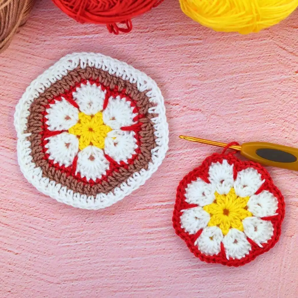 A vibrant collage of African Flower Hexagons displayed in various color combinations, illustrating the versatility of the motif for different seasons and projects, relevant to Crochet African Flower Granny Square Tutorial, Color Variation Examples, African Flower Project Ideas and Free Patterns.