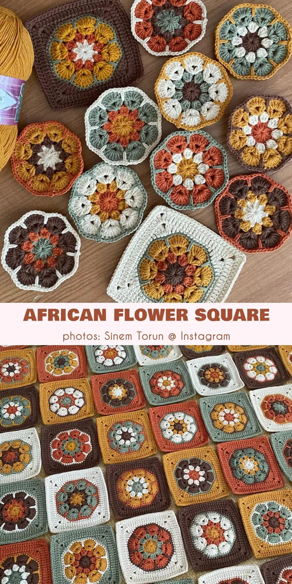 A close-up of colorful crochet granny squares, including an intricate African flower square design, with a partially completed piece and crochet hook nearby, hinting at Fall African Flower Project Ideas with warm hues.