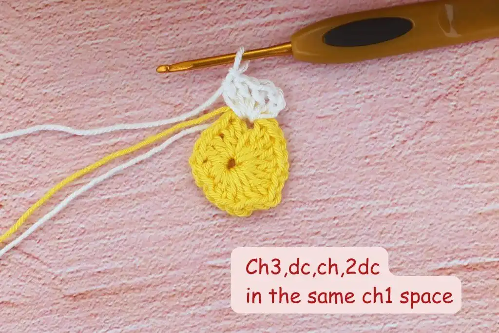 Photo tutorial of Round 1 in the African flower square crochet pattern, showing 2 dc and ch 1 clusters forming the first layer of petals.