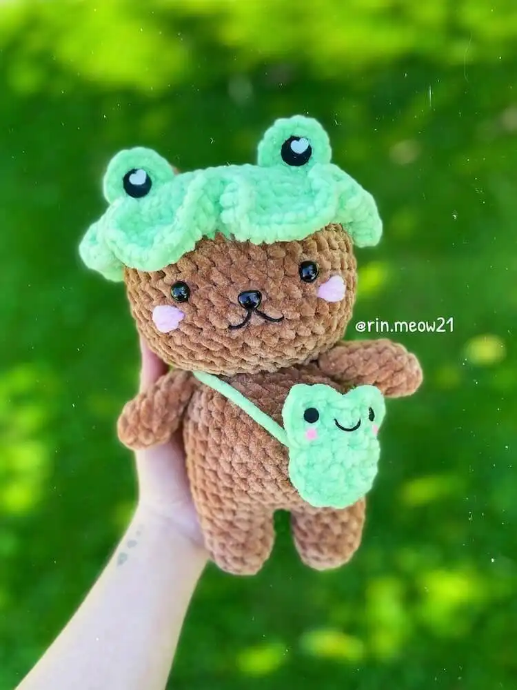 Crochet Animal Pattern - Free Crochet Baby Sloth 7 Bear with Frog Hat and Bag crochet animal pattern, a cute cuddle buddy.