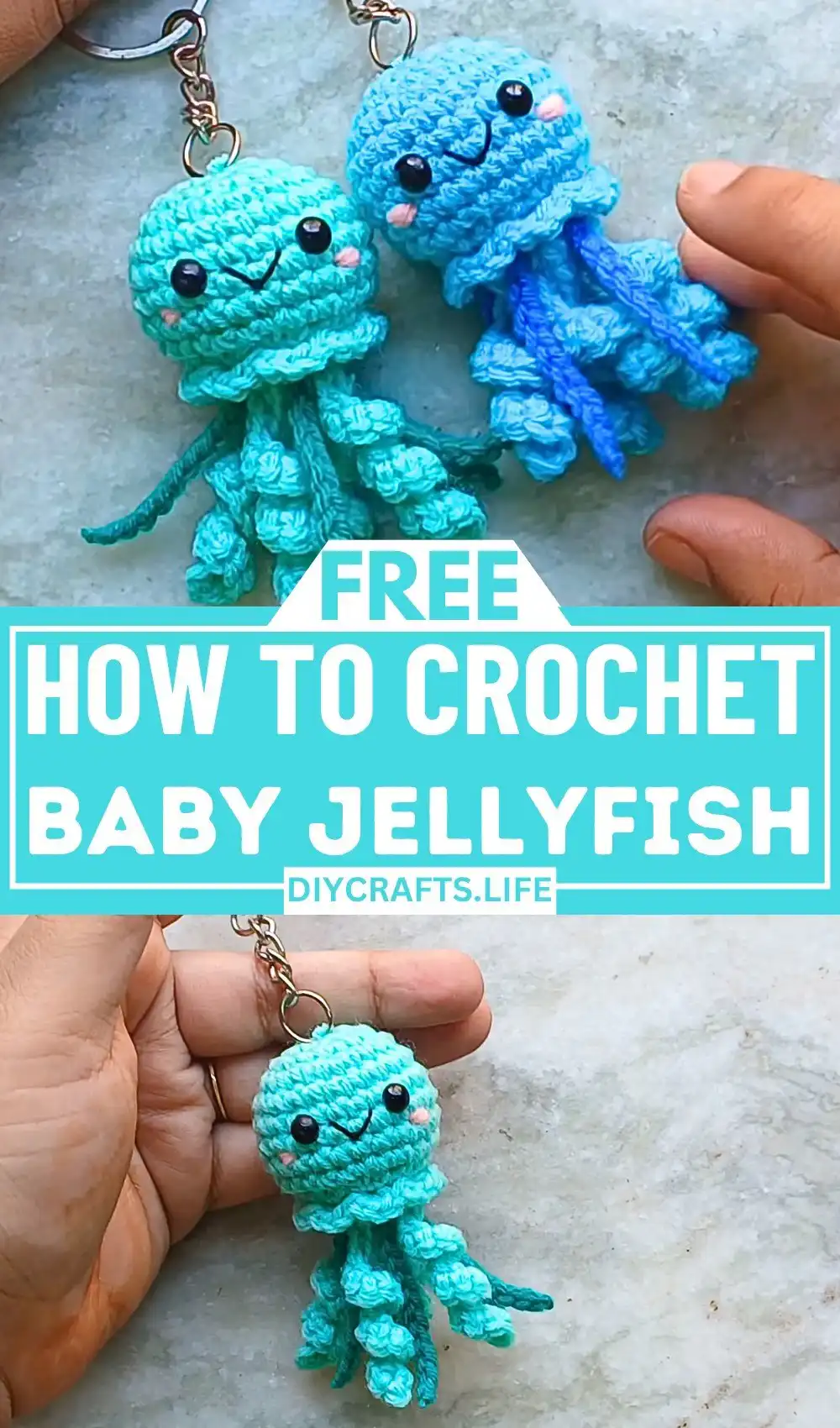 Finished Crochet Baby Jellyfish Amigurumi with keychain attached, ready for use.