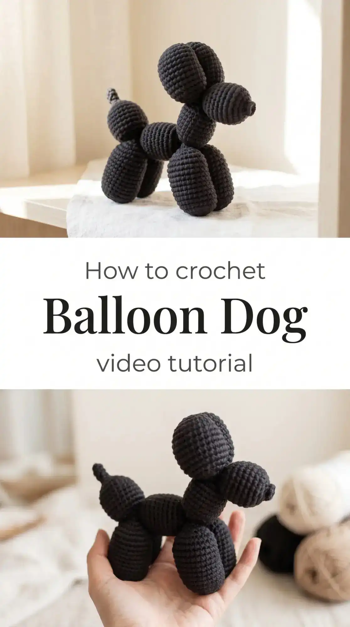 A sleek, black crochet balloon dog standing playfully on a neutral background, highlighting its unique amigurumi form as a handmade companion.