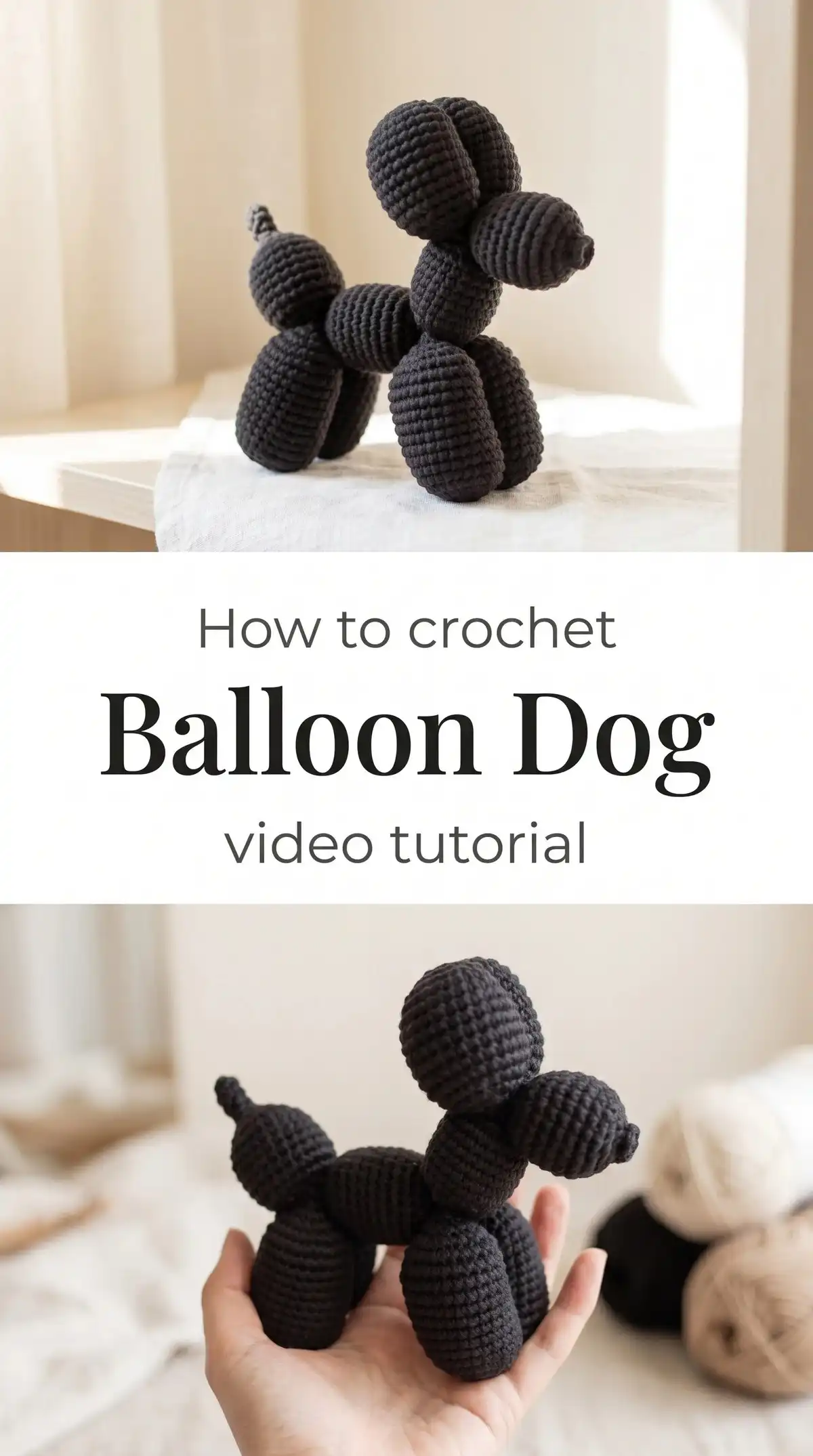Close-up of the essential materials and tools for crocheting a balloon dog, including black yarn, crochet hook, tapestry needle, and safety eyes, ready for crafting.