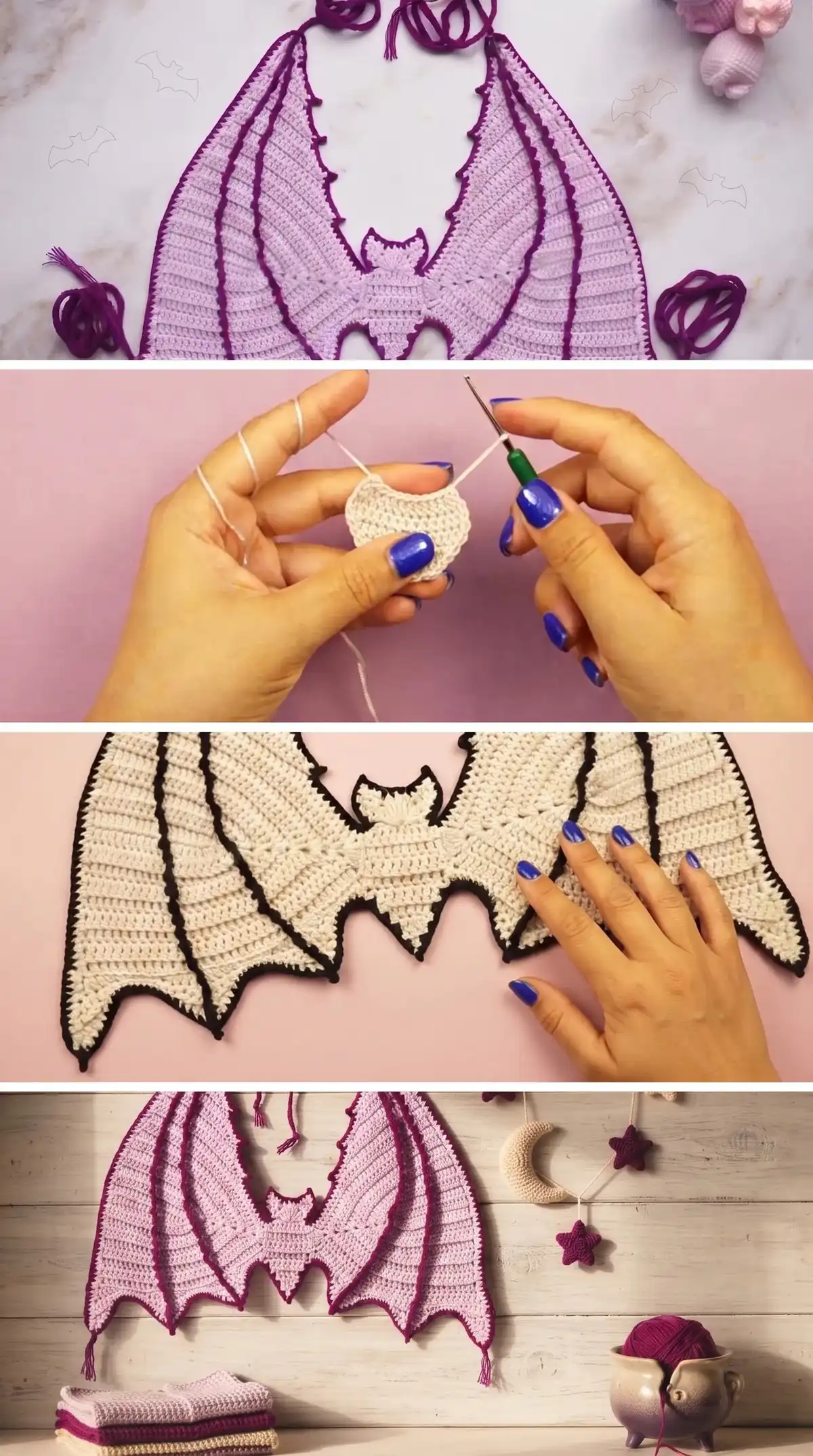 Detailed shot of crocheted bat wing panel construction, showing increase rows and the unfolding fan shape for the Crochet Bat Bra.