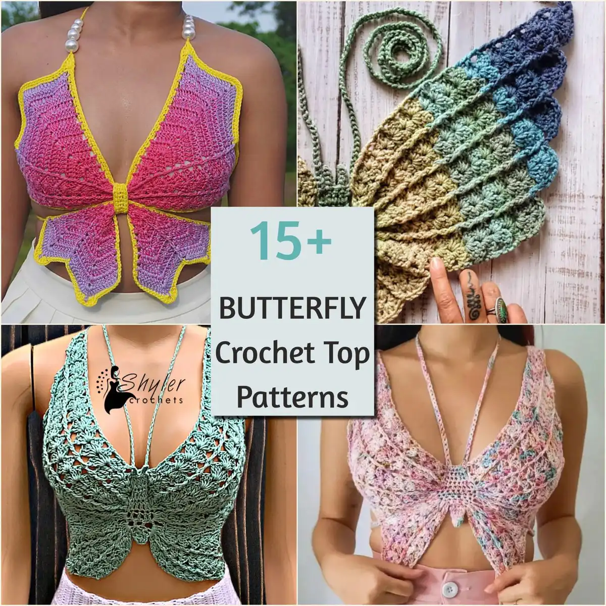 A collection of beautifully crocheted tops in various styles and colors, showcasing the versatility of Crochet Butterfly Tops: 15 Patterns for Crocheted Butterfly Tops.