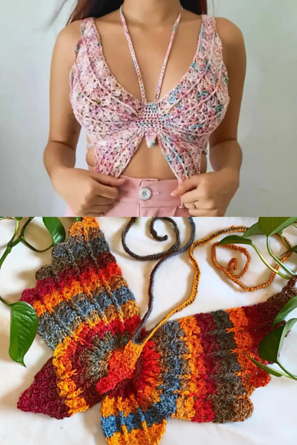 Vibrant, multi-colored crocheted butterfly top with prominent shell stitches, demonstrating the Butterfly Shelly Top design.
