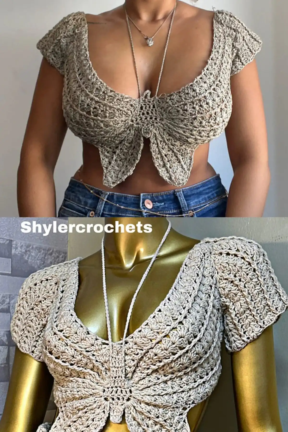 Crocheted Butterfly Crop Top with flowing sleeves by Shyler Crochets, combining classic design with added elegance and coverage.