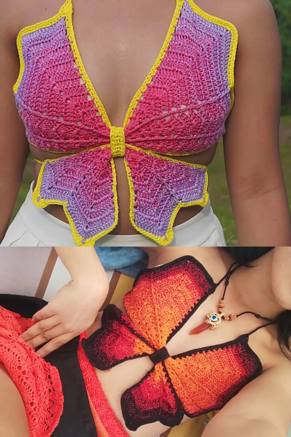 A collage of butterfly crochet crop tops in vibrant pink, purple, and yellow, showcasing Kaye Estefanio's colorful design.