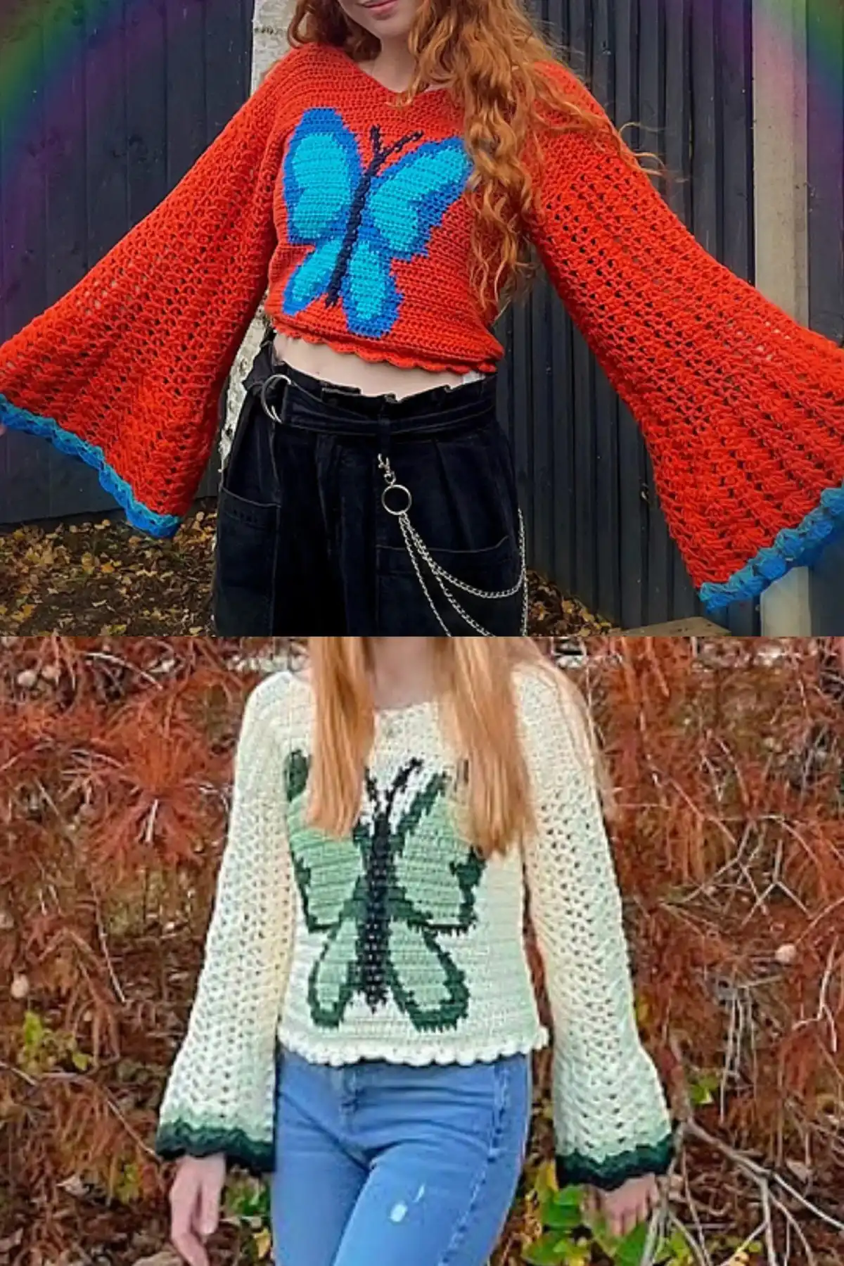 A collage of photos presenting Butterfly Top Sleeve Blouses by Ashlynn Duncan, showing 70s-style shell stitch sleeves.