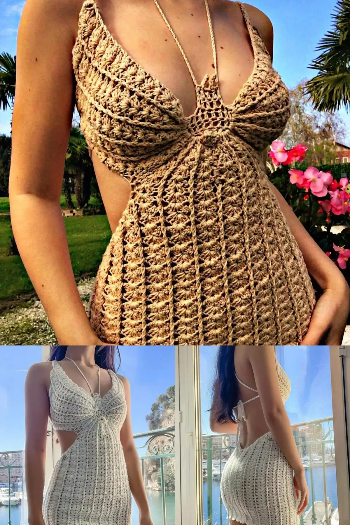 A beautifully crocheted butterfly dress design, showcasing wing-like panels and a fitted bodice for a playful yet elegant silhouette.