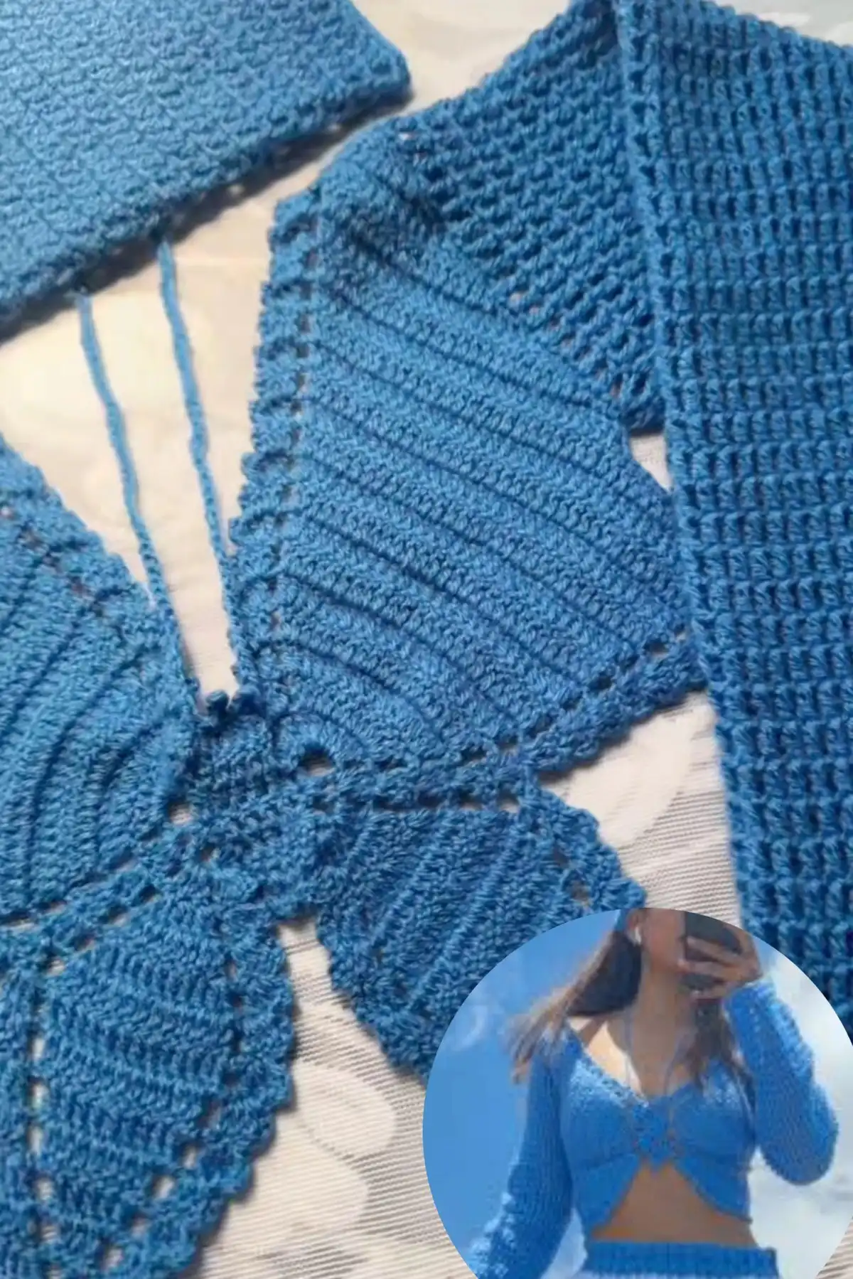 A blue butterfly crochet top with ribbed and openwork patterns, shown partially made with an inset of a person wearing the finished top.